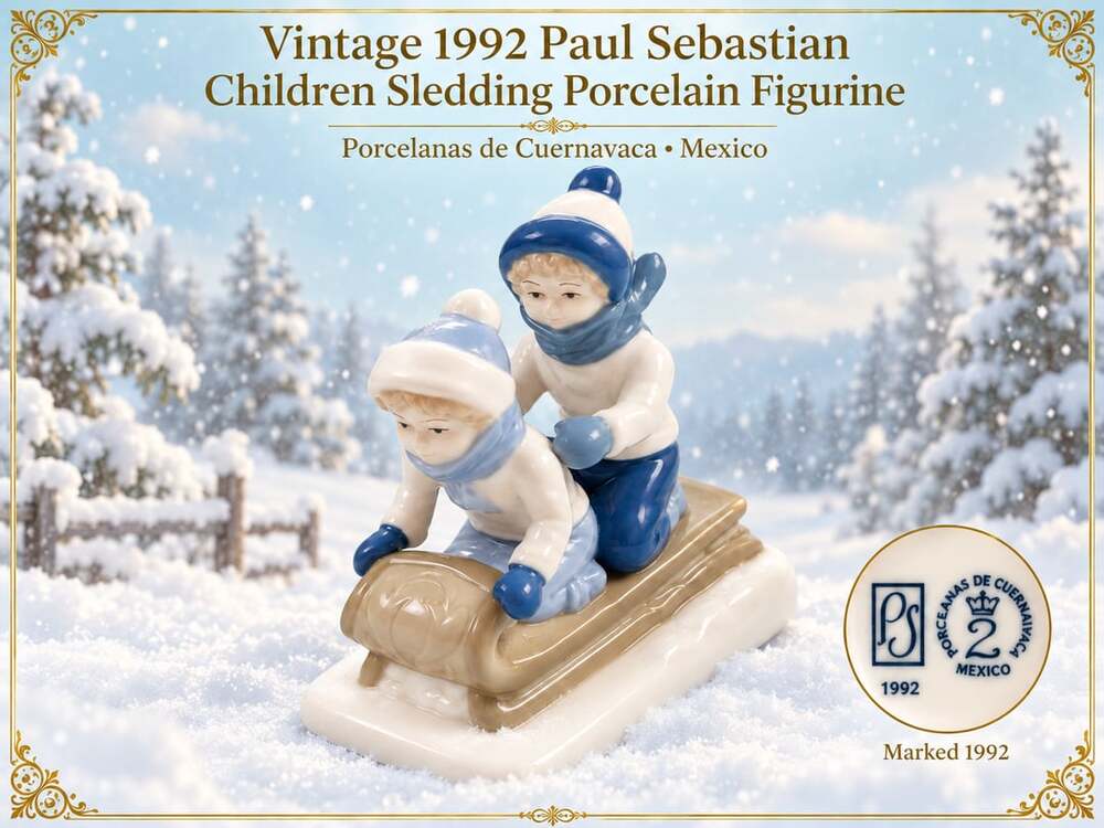 Porcelana De Cuernavaca Children Sledding Figurine Porcelain Winter